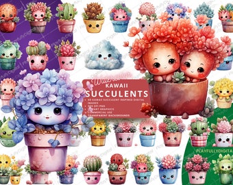 Kawaii Clipart, Kawaii Succulent Clipart, Cute Clipart, Watercolor Clipart