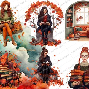 May include: Watercolor illustrations featuring women reading books in autumn settings. The images showcase fall foliage, stacks of books, and cozy reading nooks. The color palette includes warm oranges, reds, and greens, evoking a sense of comfort and the season.