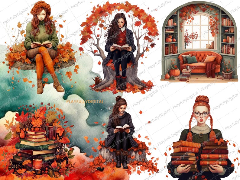 May include: Watercolor illustrations featuring women reading books in autumn settings. The images showcase fall foliage, stacks of books, and cozy reading nooks. The color palette includes warm oranges, reds, and greens, evoking a sense of comfort and the season.