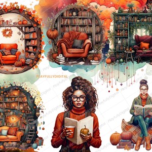 May include: Watercolor illustrations of cozy reading nooks with bookshelves, armchairs, and pumpkins. One image features a woman with glasses reading a book and holding a pumpkin. The artwork has a warm, autumnal color palette with the text "PLAYFULLYDIGITAL".