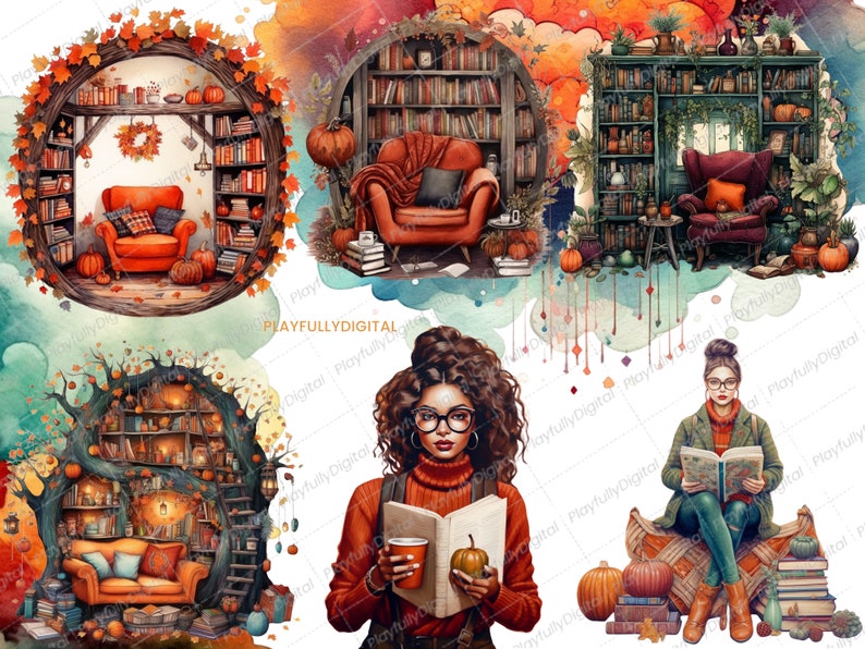 May include: Watercolor illustrations of cozy reading nooks with bookshelves, armchairs, and pumpkins. One image features a woman with glasses reading a book and holding a pumpkin. The artwork has a warm, autumnal color palette with the text "PLAYFULLYDIGITAL".