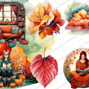 May include: Watercolor illustration featuring autumn themes. The image includes a cozy reading nook with a sofa, pumpkins, and books. There are also illustrations of fall leaves and a woman reading. The color palette is warm, with oranges, reds, and greens.