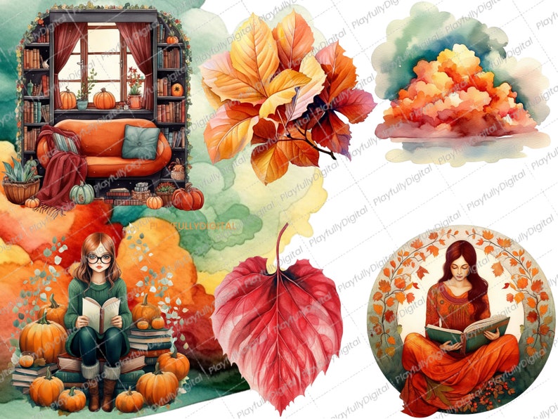 May include: Watercolor illustration featuring autumn themes. The image includes a cozy reading nook with a sofa, pumpkins, and books. There are also illustrations of fall leaves and a woman reading. The color palette is warm, with oranges, reds, and greens.
