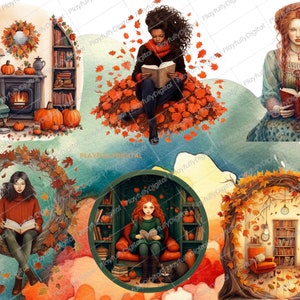May include: Watercolor illustrations featuring autumn themes. Scenes include women reading books, cozy interiors with pumpkins, bookshelves, and fall foliage. The artwork has a warm color palette of oranges, browns, and greens, evoking a sense of comfort and the season.