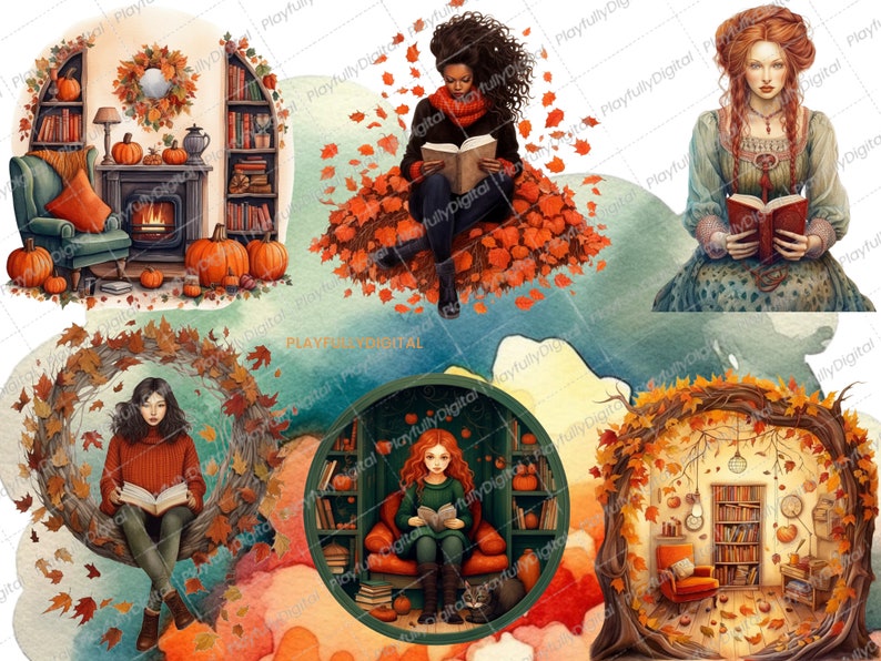 May include: Watercolor illustrations featuring autumn themes. Scenes include women reading books, cozy interiors with pumpkins, bookshelves, and fall foliage. The artwork has a warm color palette of oranges, browns, and greens, evoking a sense of comfort and the season.