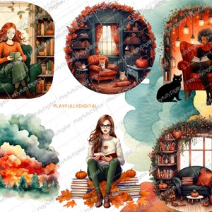May include: Watercolor illustrations of cozy reading scenes. One shows a woman with red hair reading in a green armchair. Another depicts a room with a fox and a cat. A third shows a woman reading with a black cat. Pumpkins and books are featured.