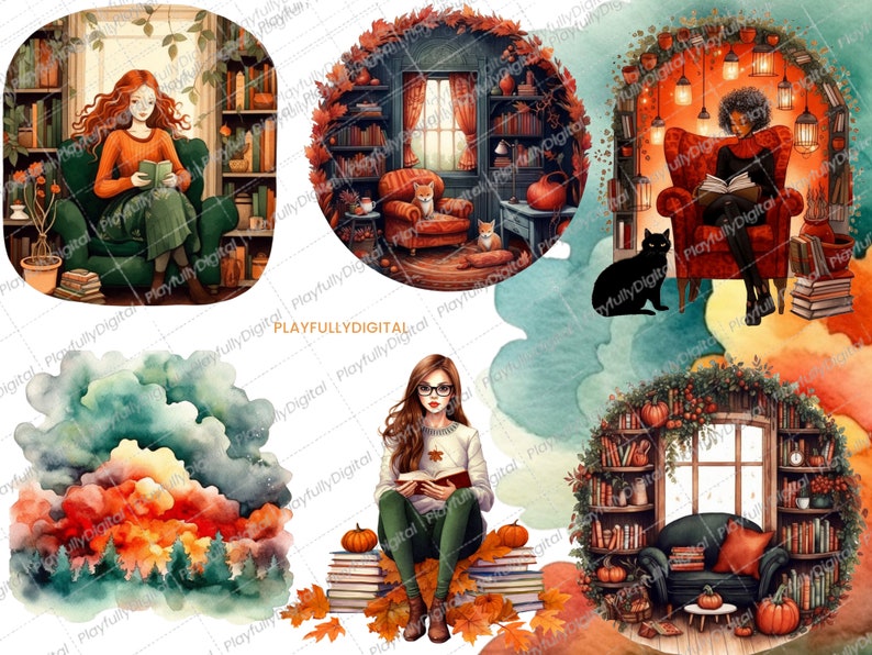 May include: Watercolor illustrations of cozy reading scenes. One shows a woman with red hair reading in a green armchair. Another depicts a room with a fox and a cat. A third shows a woman reading with a black cat. Pumpkins and books are featured.