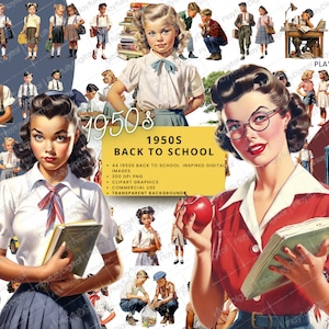 1950s Back to School Clipart, Retro Clipart, 1950s Digital Images, Transparent Images, Can be Used for Print on Demand, Commercial Clipart
