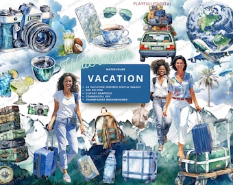 May include: Watercolor illustration of a vacation theme with luggage, a globe, a car, a palm tree, a camera, a compass, a suitcase, a backpack, a glass of lemonade, a glass of water, a cup of coffee, a pair of sunglasses, a cell phone, and two women.