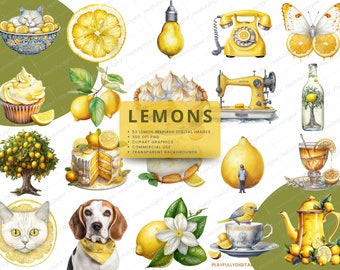 Peut inclure: Un ensemble de 52 images numériques représentant des citrons dans différents contextes. Les images comprennent des citrons dans un bol, sur un gâteau, dans une tasse à thé et sur une théière. Les images sont parfaites pour une utilisation dans le scrapbooking numérique, la fabrication de cartes et d'autres projets créatifs.