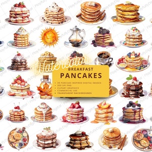Watercolor Pancakes, Breakfast Pancakes, Watercolor Digital Images, Breakfast Clipart, Pancake Charcuterie, Buttermilk Pancakes, Transparent