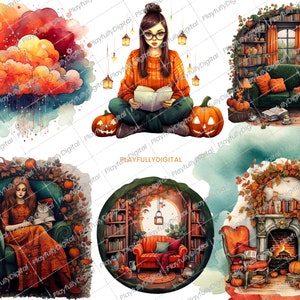 May include: Watercolor illustrations with a fall theme. Images include a woman reading, pumpkins, a cozy living room, and a fireplace. The color palette features orange, green, and brown tones, evoking a sense of autumn.