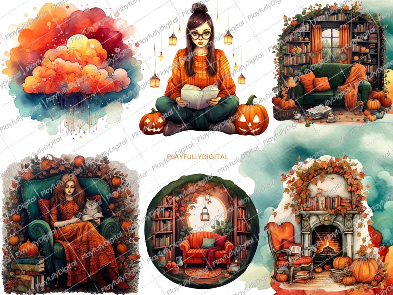 May include: Watercolor illustrations with a fall theme. Images include a woman reading, pumpkins, a cozy living room, and a fireplace. The color palette features orange, green, and brown tones, evoking a sense of autumn.