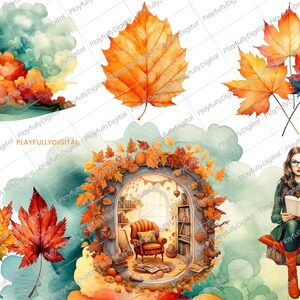 May include: Watercolor illustration featuring autumn leaves in shades of orange, red, and yellow. The image includes a cozy reading nook with a woman reading a book, surrounded by fall foliage and a cloudy sky. The overall theme is autumn and reading.