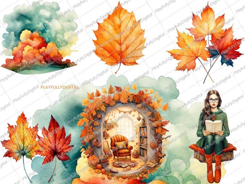 May include: Watercolor illustration featuring autumn leaves in shades of orange, red, and yellow. The image includes a cozy reading nook with a woman reading a book, surrounded by fall foliage and a cloudy sky. The overall theme is autumn and reading.