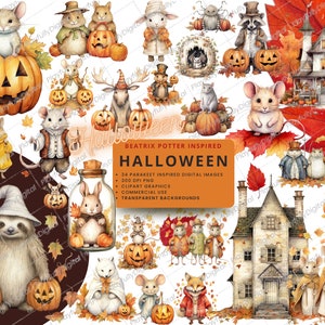 May include: A digital clipart set featuring watercolor illustrations of Halloween characters and objects. The set includes a variety of animals, including mice, owls, foxes, and a sloth, as well as pumpkins, houses, and other Halloween decorations. The illustrations are in a whimsical style and are perfect for creating Halloween cards, invitations, and other crafts.