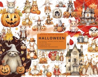 May include: A digital clipart set featuring watercolor illustrations of Halloween characters and objects. The set includes a variety of animals, including mice, owls, foxes, and a sloth, as well as pumpkins, houses, and other Halloween decorations. The illustrations are in a whimsical style and are perfect for creating Halloween cards, invitations, and other crafts.