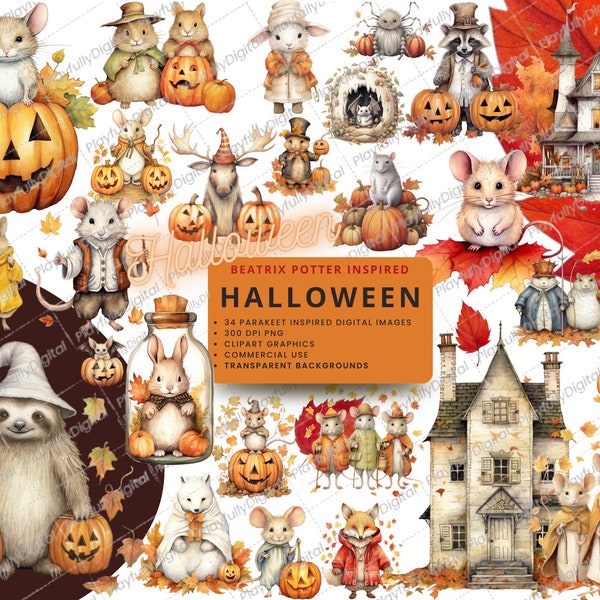 Beatrix Potter Inspired Halloween Digital Images, Halloween Clipart, Cute Halloween Digital Images, Transparent backgrounds, PNG bundle,