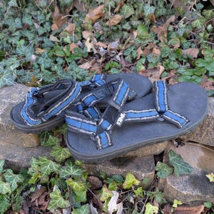 May include: A pair of black sandals with blue and white striped straps. The sandals are resting on a stone surface, surrounded by green and brown foliage. The sandals have the brand name "Teva" on the strap.
