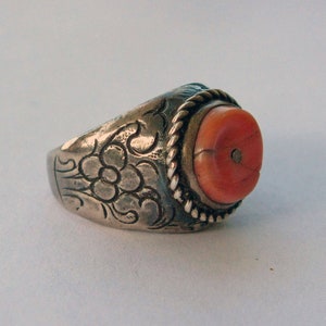 Vintage Coral and Silver Ring from India