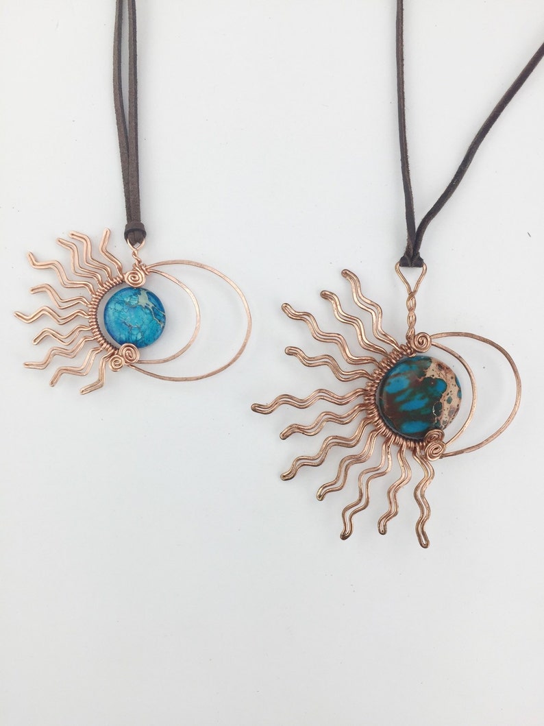 Mommy and Me Necklace Set, Moon Necklace, Sun Necklace, Sun and Moon Pendant Crescent Moon, Wire Wrapped Stone Necklace, Full Moon Turquoise image 5