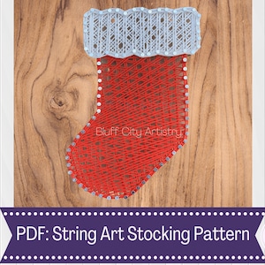 May include: Red and white string art stocking pattern. The stocking is made of string wrapped around nails hammered into a wooden board. The pattern is for a Christmas stocking.