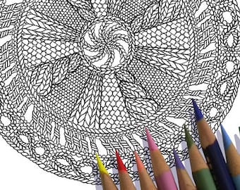 KNIT MANDALA Coloring Page / Printable Coloring Page / Drawing of Knitting / PDF Mandala Art / Knitted Mandala