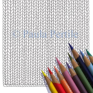 May include: A black and white coloring page of a knitted fabric with a cable stitch pattern. The page is surrounded by a border of black lines. A set of colored pencils are lying on a white surface in the lower right corner of the image.
