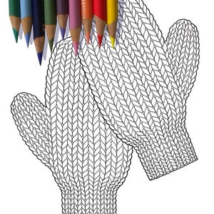 KNITTED MITTENS Coloring Page / Printable Coloring Page / Drawing of Knitting / Sepia Tone Coloring Page / Pdf Knitting Art image 1