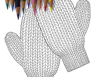 KNITTED MITTENS Coloring Page / Printable Coloring Page / Drawing of Knitting / Sepia Tone Coloring Page / Pdf Knitting Art