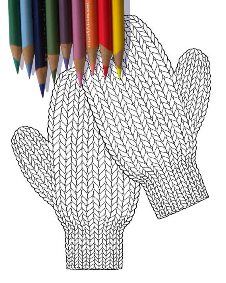 KNITTED MITTENS Coloring Page / Printable Coloring Page / Drawing of Knitting / Sepia Tone Coloring Page / Pdf Knitting Art image 1