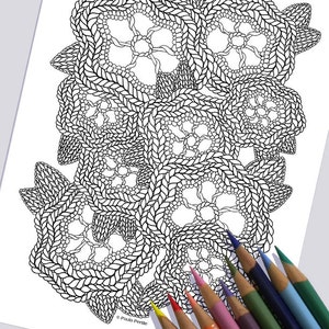 KNIT FLORAL Coloring Page / Printable Coloring Page / Drawing of Knitting / PDF Floral Art / Knitted Flowers