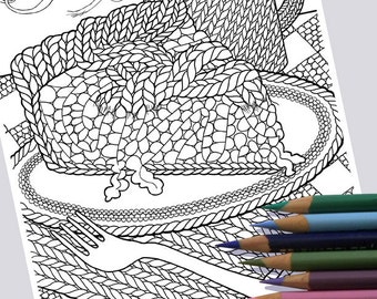 KNIT PIE SLICE Coloring Page / Printable Coloring Page / Drawing of Knitting / Pdf Pie Art / Slice of Pie