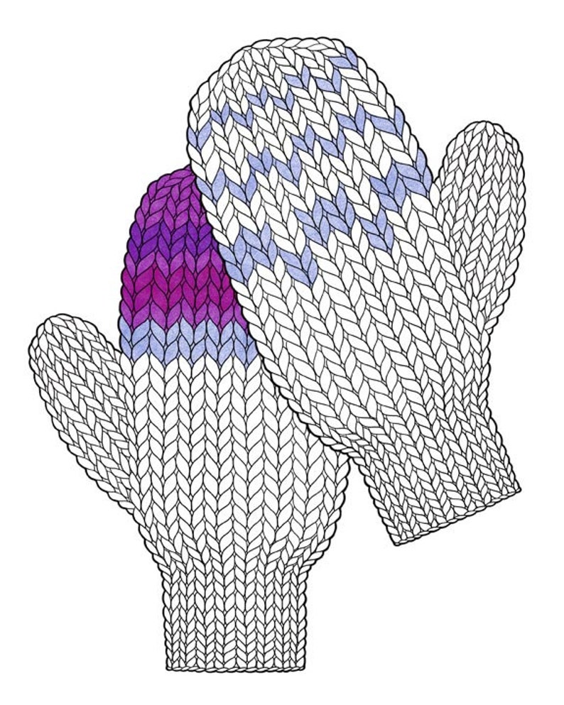 KNITTED MITTENS Coloring Page / Printable Coloring Page / Drawing of Knitting / Sepia Tone Coloring Page / Pdf Knitting Art image 2