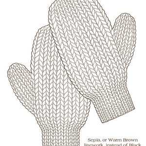 KNITTED MITTENS Coloring Page / Printable Coloring Page / Drawing of Knitting / Sepia Tone Coloring Page / Pdf Knitting Art image 3