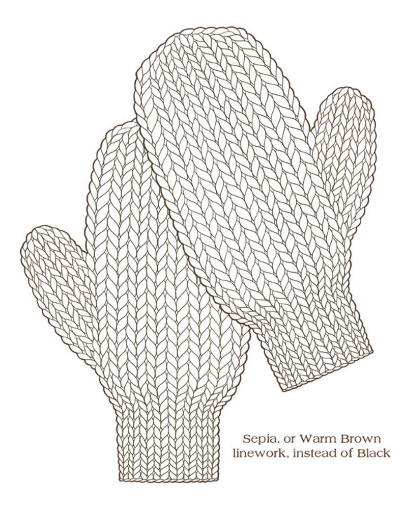 KNITTED MITTENS Coloring Page / Printable Coloring Page / Drawing of Knitting / Sepia Tone Coloring Page / Pdf Knitting Art image 3