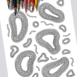 Puede incluir: Una página para colorear en blanco y negro con una variedad de formas abstractas con un patrón trenzado. Las formas están dispuestas en un patrón aleatorio sobre un fondo blanco.