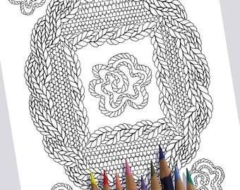 KNIT OVAL FRAME Coloring Page / Printable Coloring Page / Drawing of Knitting / Pdf Oval Frame Art