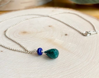 Emerald Teardrop & Lapis Chain Necklace