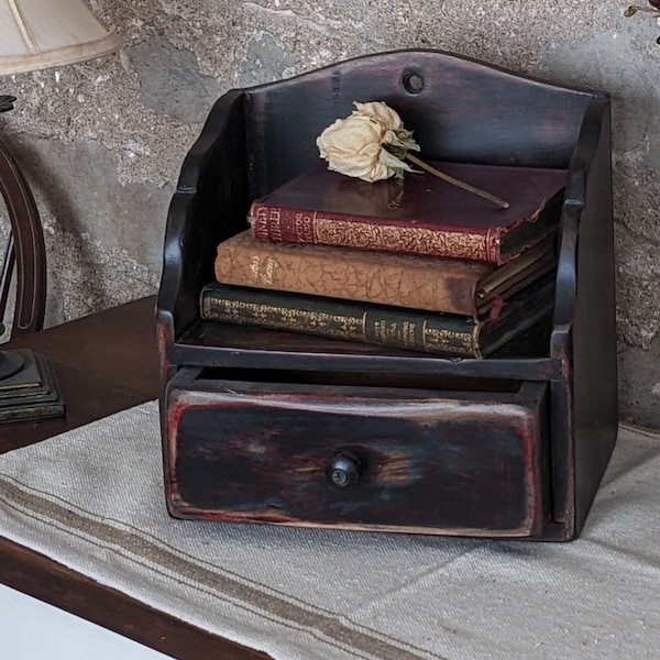 Salt Box, Candle, Keys, Matches, Vintage, Distressed, One Drawer Box, 9" W x. 6 1/4" D x 9" T, Midnight Blue with Red Undertone. Wood Knob