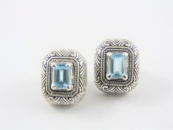 Sterling Rectangular Shaped Blue Stone Pierced Ea… - image 1