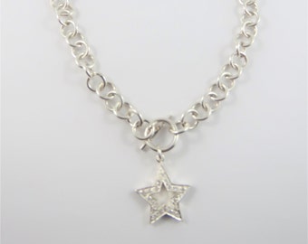 Sterling Silver  16" Round Link Chain with A Star Shaped Pendant