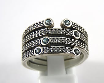 Sterling Silver Wide Band With Small White Stones- SIZE 9 1/4