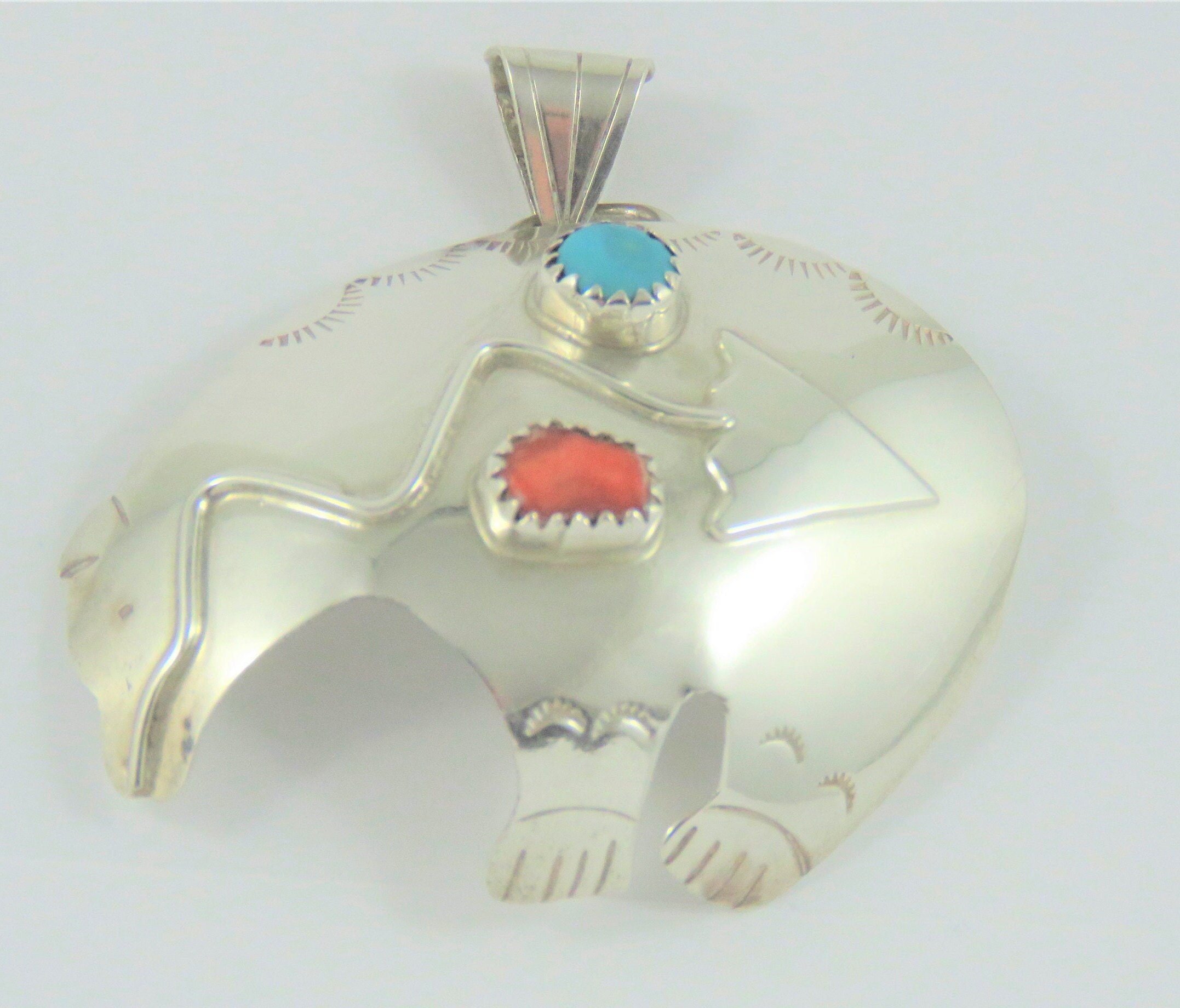 Sterling Silver Bear Brooch With Turquoise and Carnelion