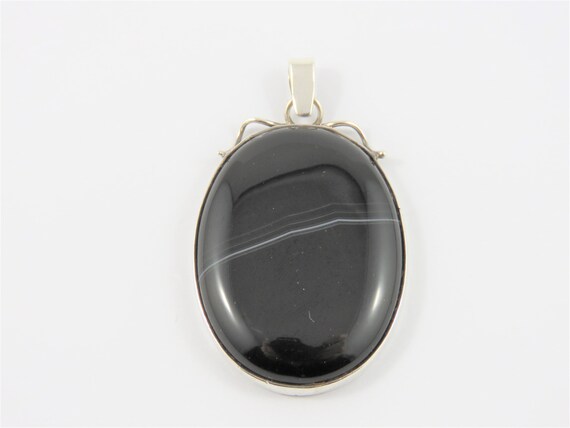 Sterling Silver Oval Black Agate Pendant - image 1