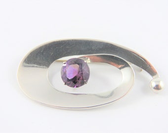 Sterling Silver Mexican Modern Amethyst Brooch