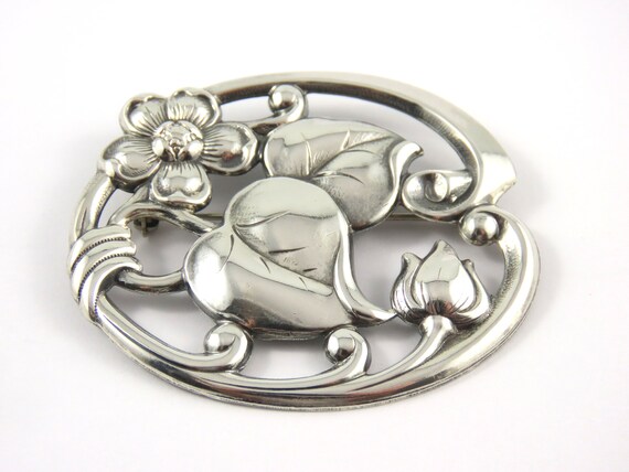 Sterling Silver Oval Floral Brooch - image 3