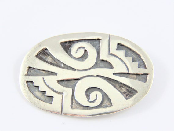 Sterling Silver Mexican Over Lay Oval Brooch - image 4