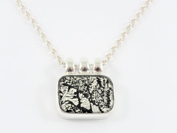 Sterling Silver Rectangular Black And Silver Pend… - image 1