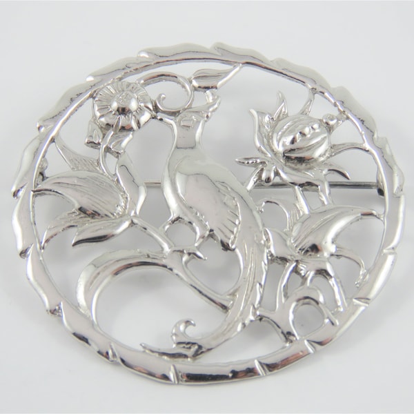 Sterling Silver Bond Boyd  Round Bird and Flower Brooch